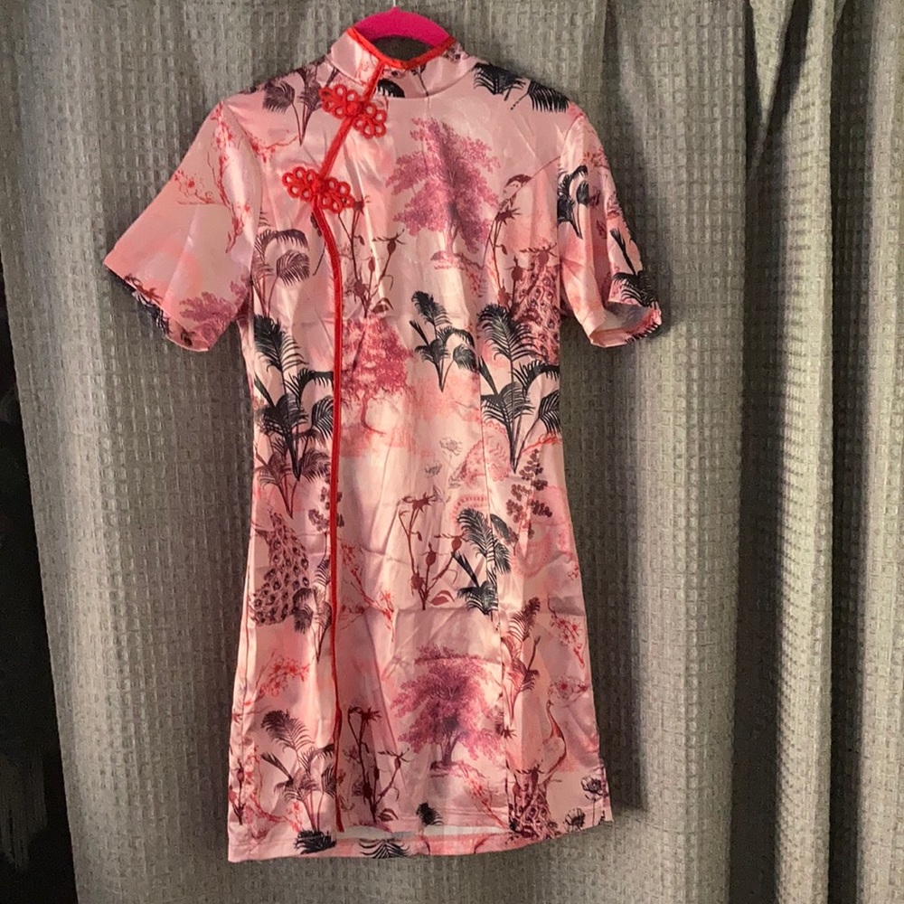 Petite pink satin split mini dress